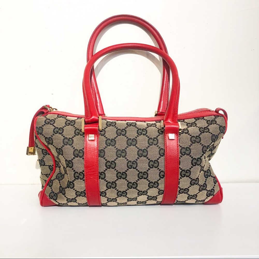 GUCCI Boston Bag Monogram and Red Leather Canvas Sachel